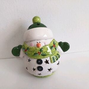 Snowman Ceramic Tea Light Holder Luminary Jubilee Pottery Art Star Cutouts READ
